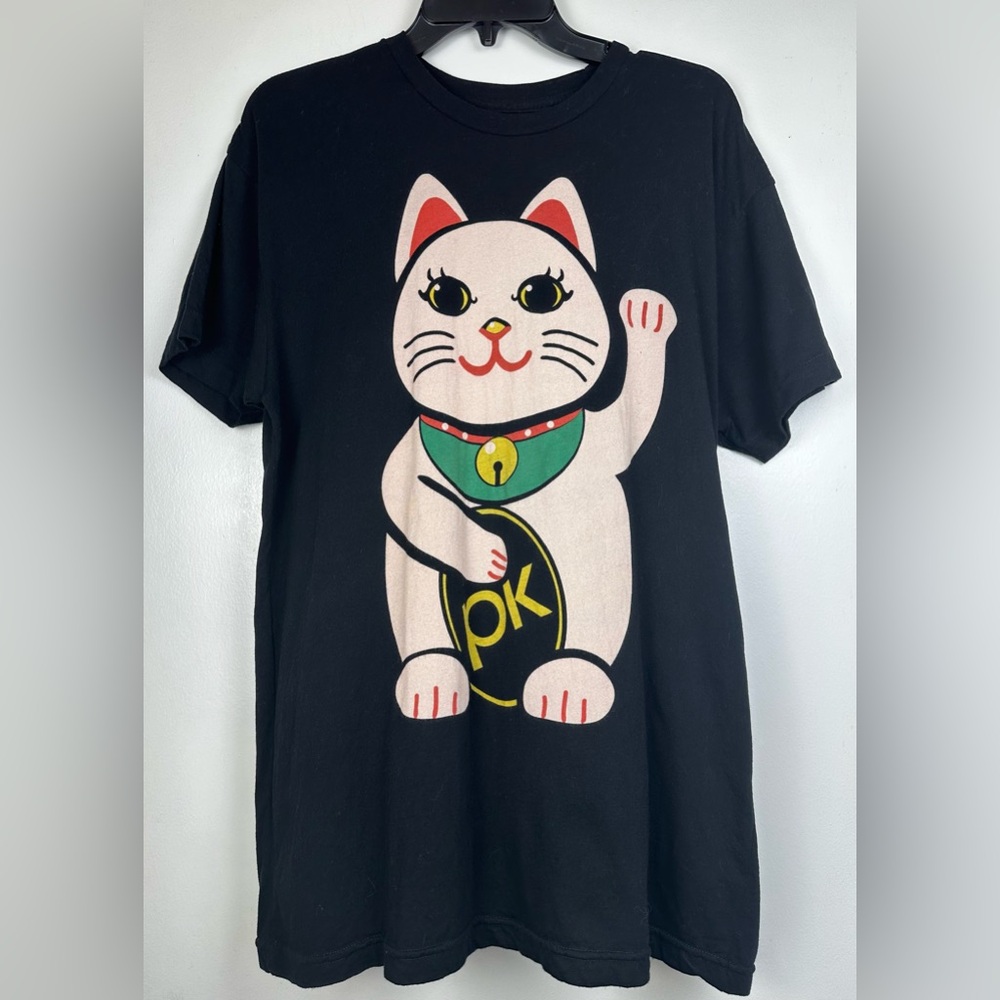 Popkiller Lucky Cat Maneki Neko Graphic T-Shirt Black Size Large Front/Back Art